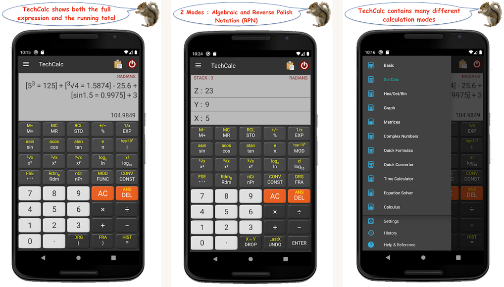 TechCalc Scientific Calculator app screenshots on Android