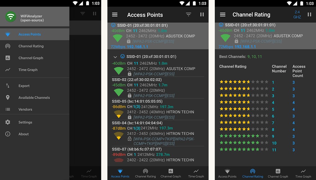 WiFiAnalyzer (open source) app screenshots on Android