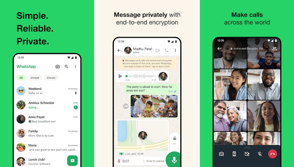 WhatsApp app screenshots on Android