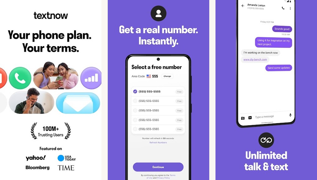 TextNow app screenshots on Android