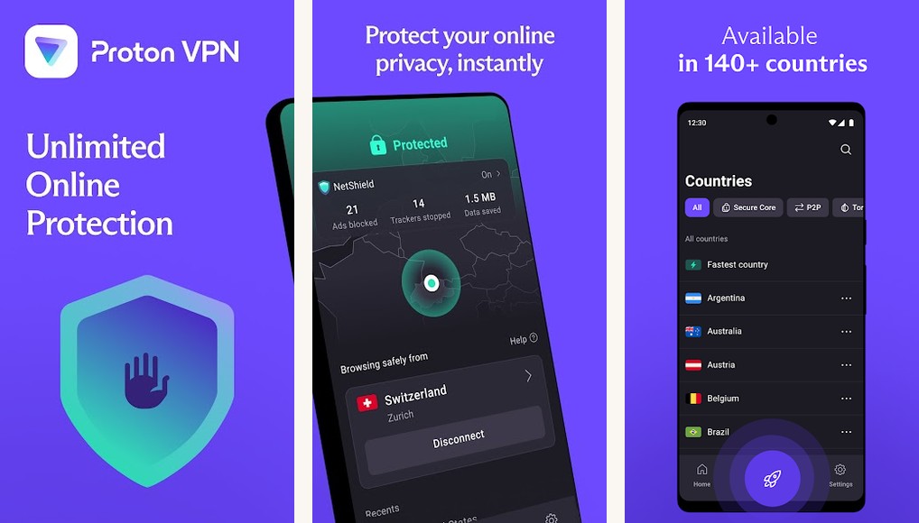 Proton VPN free app screenshots on Android