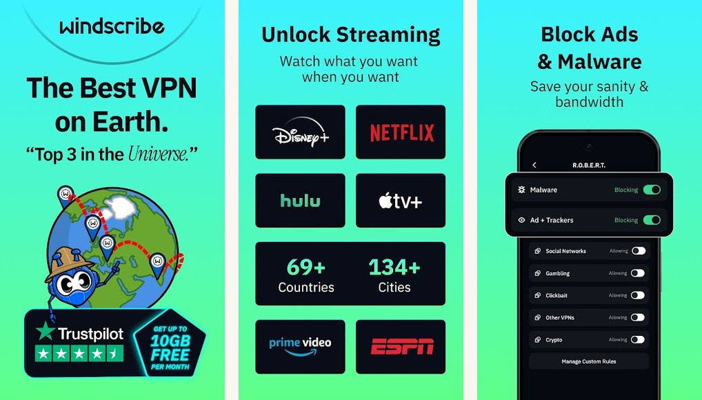 Windscribe free app screenshots on Android