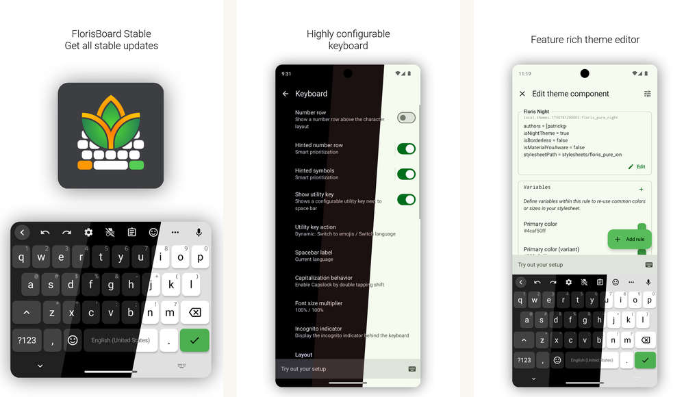 Florisboard app screenshots on Android
