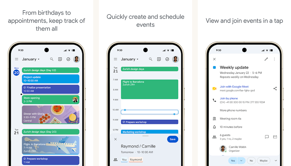 Google Calendar app screenshots on Android
