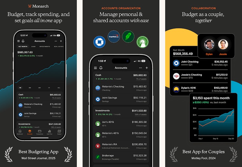 Monarch Money app screenshots on Android: dashboard and spending view
