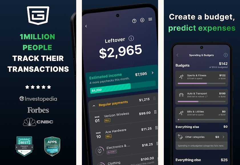 PocketGuard app screenshots on Android: In My Pocket figure and budgets