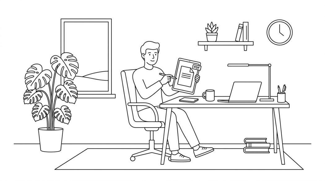 Black-and-white line illustration: a minimal Notion-style scene representing 10 pdf editor apps for android that actually earn their spot.
