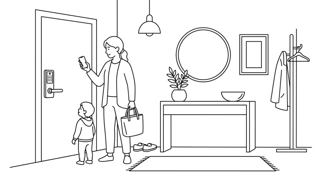 Black-and-white line illustration: a minimal Notion-style scene representing philips home smart locks bring ease, security, and style to modern families.