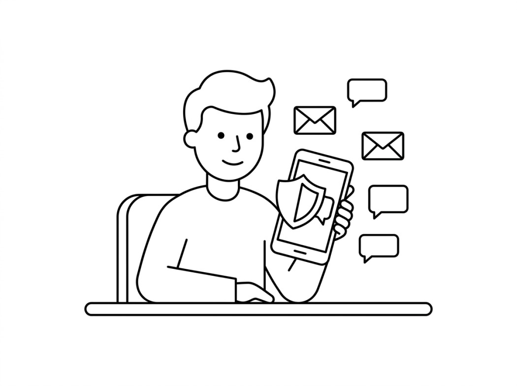 Line illustration of a person holding a phone with a shield on screen while envelopes arrive, representing a receiver checking inbound mail against a published DMARC policy.