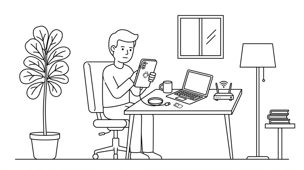 Black-and-white line illustration: a minimal Notion-style scene representing how to fix an android phone that will not make or receive calls.
