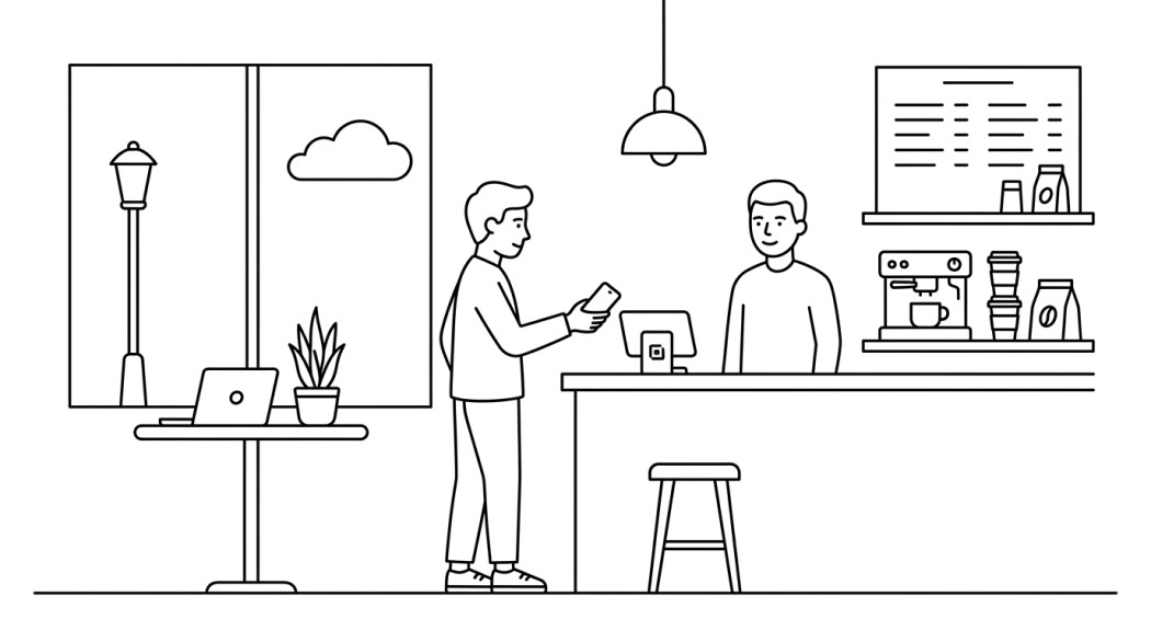 Line drawing of a person paying with a phone at a cafe counter