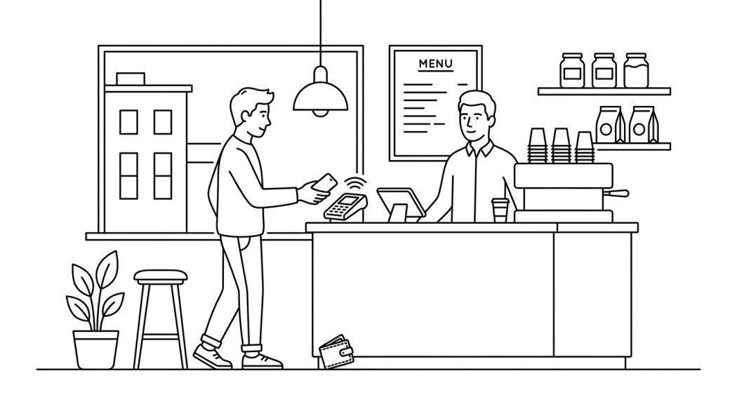 Black-and-white line illustration: a minimal Notion-style scene representing mobile payments: why phones are now the dominant wallet.