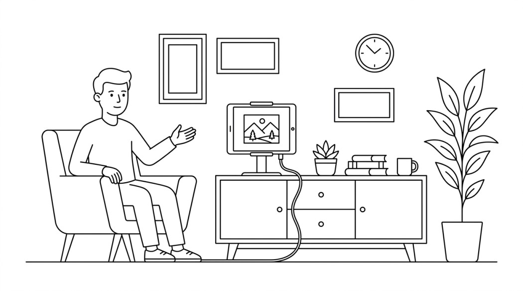 Black-and-white line illustration of an old tablet repurposed as a living-room digital photo frame.