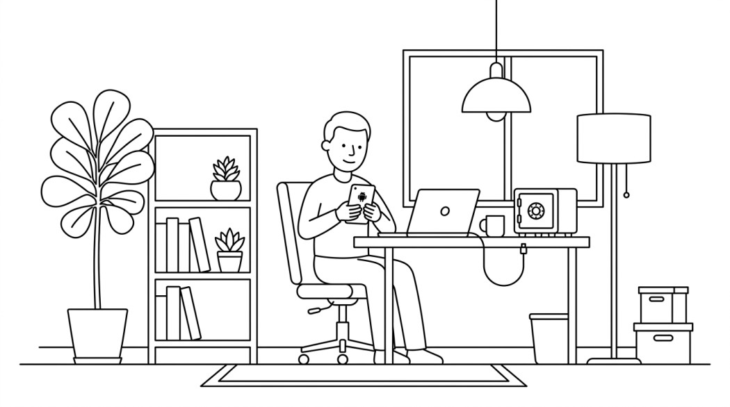 Black-and-white line illustration: a minimal Notion-style scene representing how to keep private photos and videos safe on android.