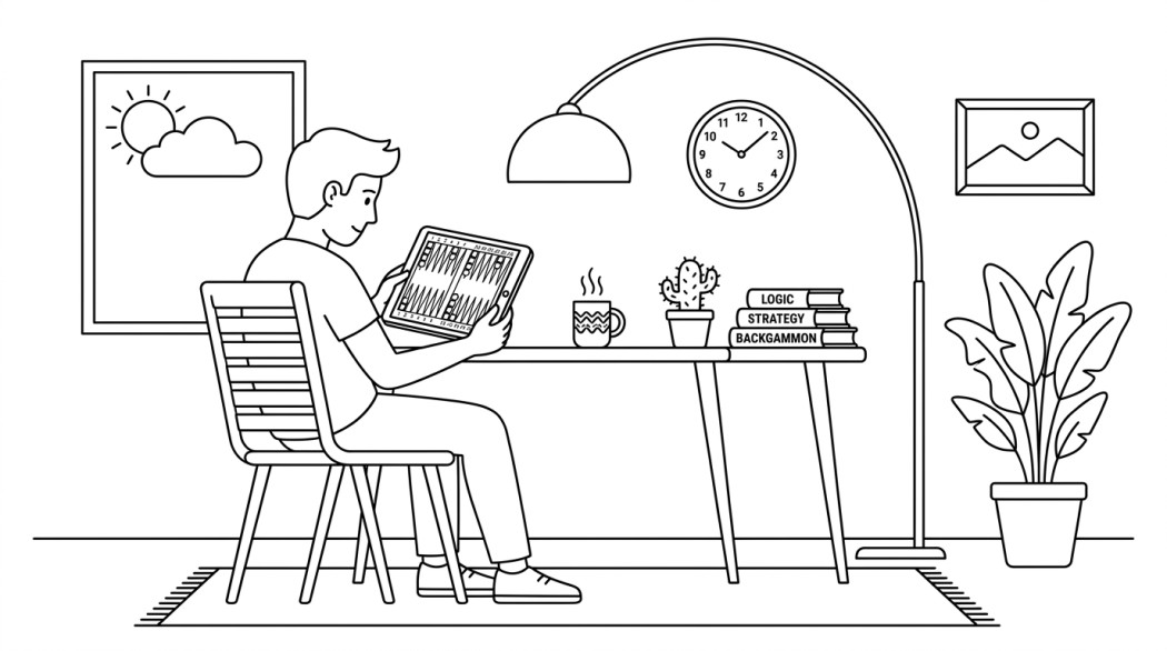 Black-and-white line illustration: a minimal Notion-style scene representing most games rot your brain: online backgammon sharpens it.