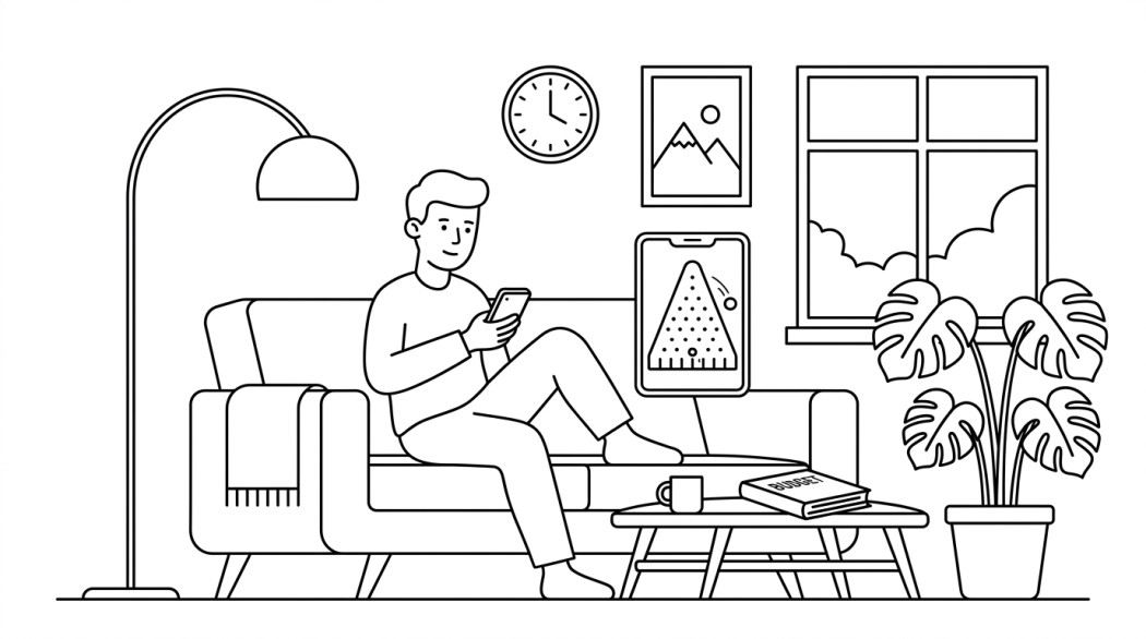 Black-and-white line illustration: a minimal Notion-style scene representing playing plinko on your phone: what the game is and how to play responsibly.
