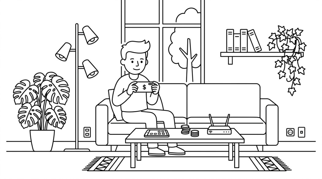 Line art of a person on a sofa playing a card game on a phone