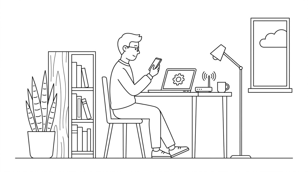 Black-and-white line illustration: a minimal Notion-style scene representing how to fix google play store waiting for download.