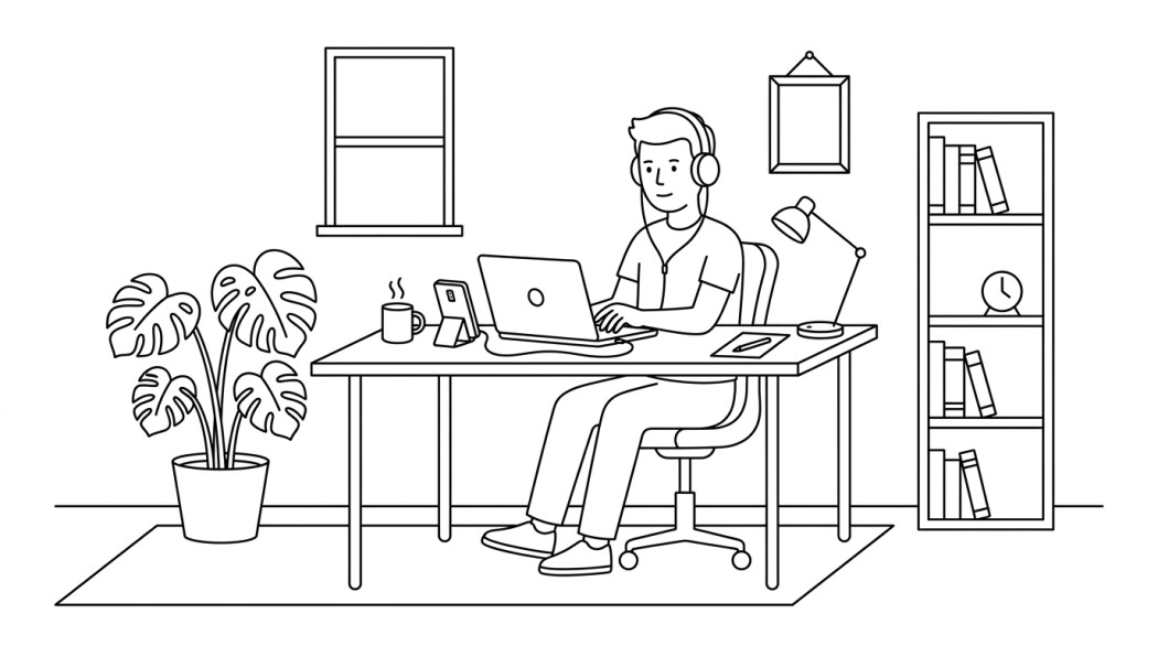 Black-and-white line illustration: a minimal Notion-style scene representing how to play youtube in the background on android the right way.
