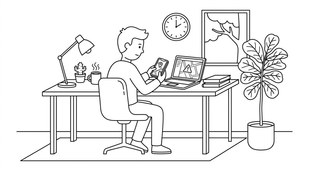 Black-and-white line illustration: a minimal Notion-style scene representing pokemon go coordinates: why sharing them is a ban risk, and the legitimate way to plan hunts.