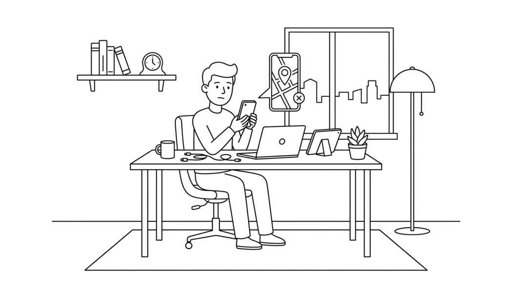 Black-and-white line illustration: a minimal Notion-style scene representing pokemon go no-root spoofing: doesn’t work, here’s why.