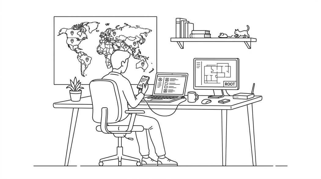 Black-and-white line illustration: a minimal Notion-style scene representing pokemon go spoofing on rooted android: why the cat-and-mouse always loses.