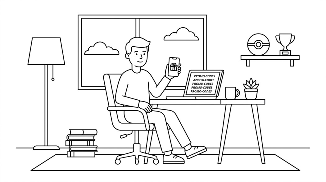 Black-and-white line illustration: a minimal Notion-style scene representing working pokemon go promo codes (active codes, how to redeem, and where to find new ones).