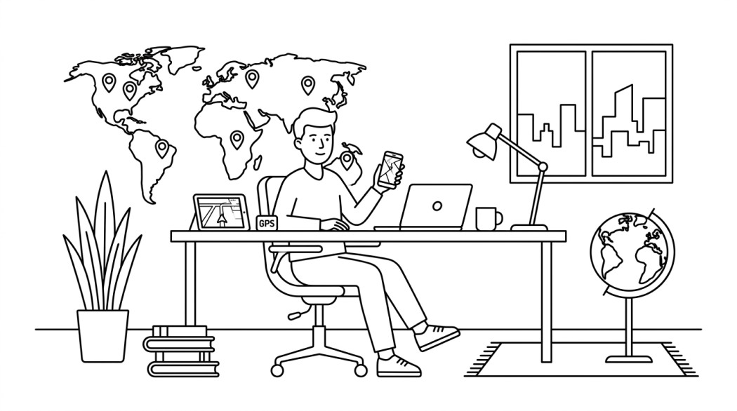 Black-and-white line illustration: a minimal Notion-style scene representing pokemon go spoofing: smart tools for players who want more.