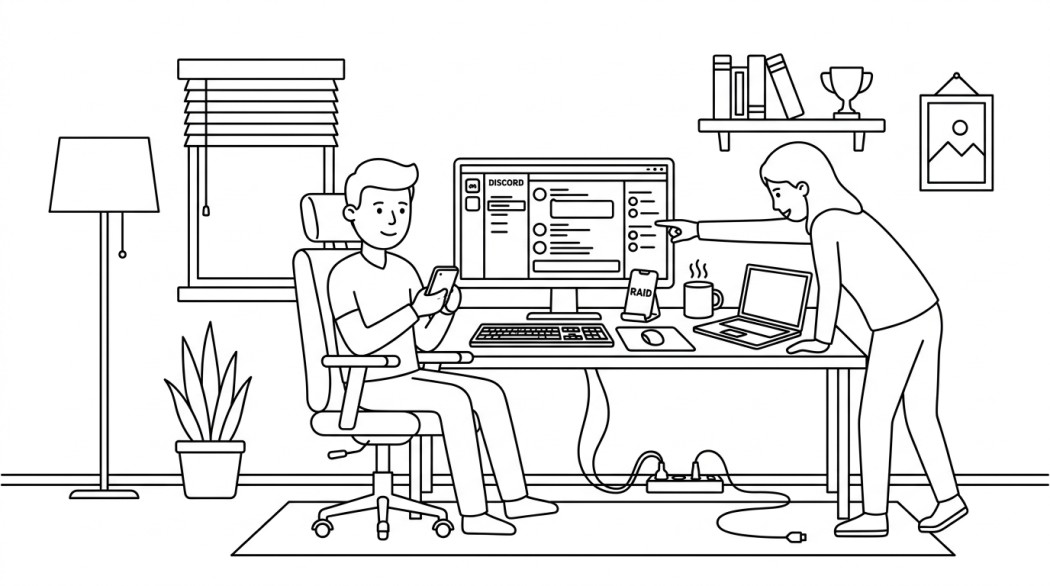 Black-and-white line illustration: a minimal Notion-style scene representing best pokemon go discord servers for raids and trades.