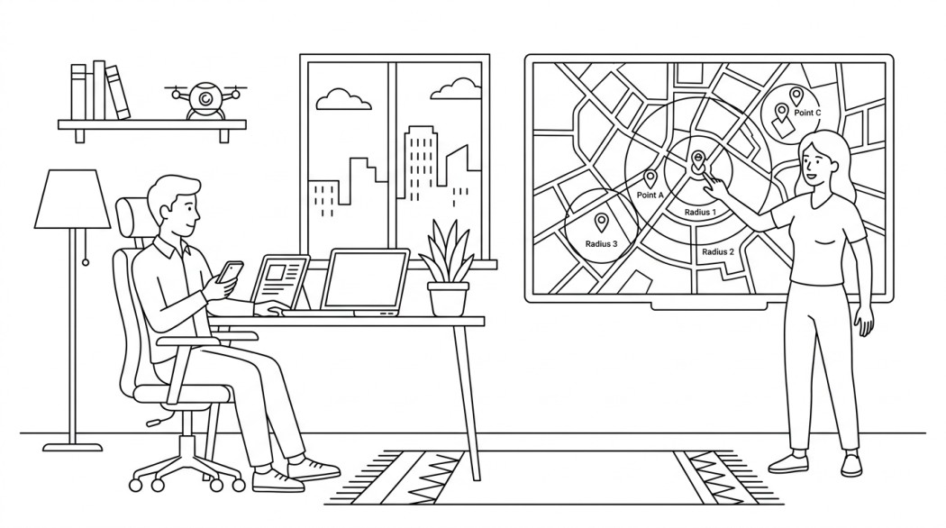Black-and-white line illustration: a minimal Notion-style scene representing pokemon go maps and trackers (why the scanners are gone, and the legitimate tools that replaced them).