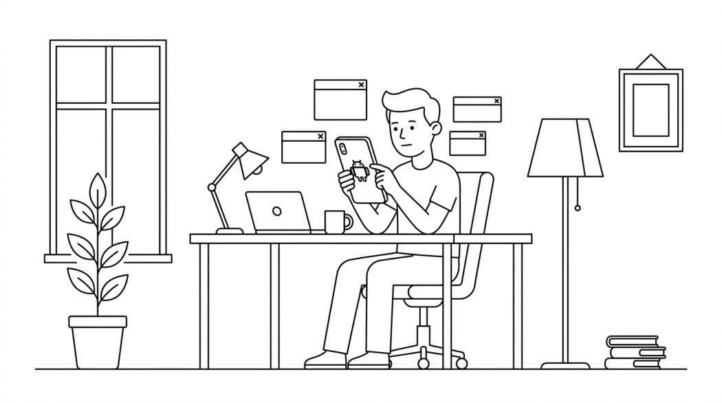 Black-and-white line illustration: a minimal Notion-style scene representing how to stop pop-up ads on android.