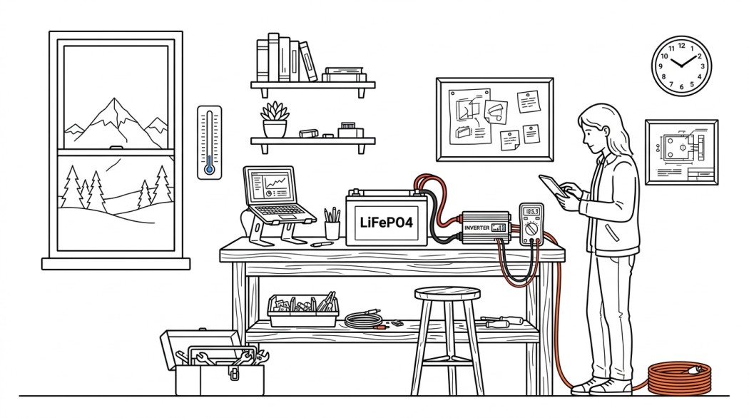 Black-and-white line illustration: a minimal Notion-style scene representing power queen 12v 100ah lifepo4 low-temp battery review.