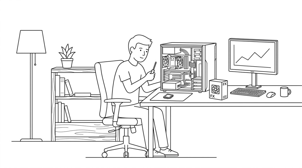 Black-and-white line illustration: a minimal Notion-style scene representing the amd fx-8350: retrospective on the last pre-ryzen desktop cpu.