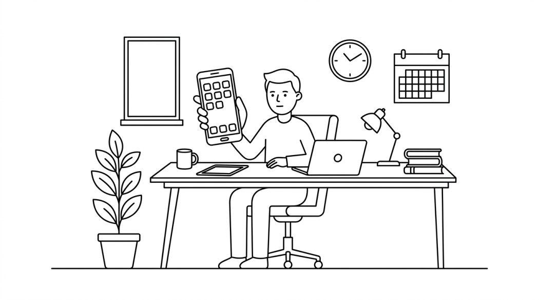Black-and-white line illustration: a minimal Notion-style scene representing 10 best productivity apps for android that actually save time.