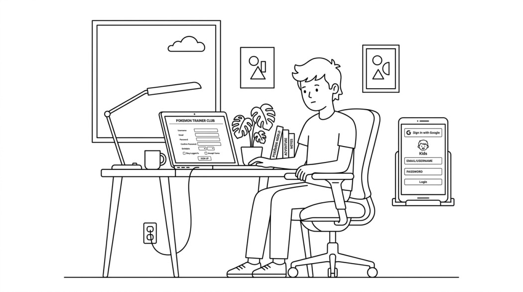 Black-and-white line illustration: a minimal Notion-style scene representing creating verified pokemon trainer club accounts (and why most players should use google or niantic kids instead).