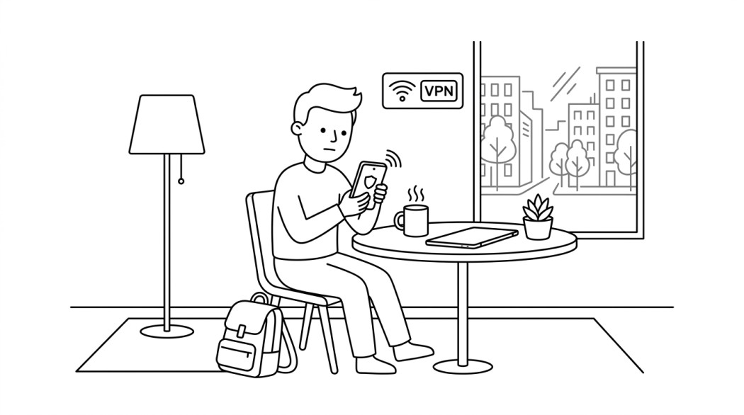 Black-and-white line illustration: a minimal Notion-style scene representing how i made public wi-fi safe (and faster) on my android phone.