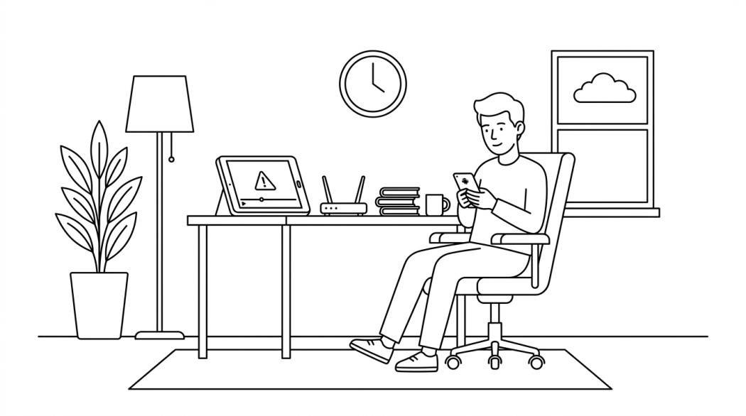 Black-and-white line illustration: a minimal Notion-style scene representing how to fix youtube playback error on android (3 fast solutions).