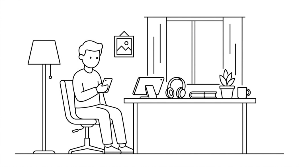 Black-and-white line illustration: a minimal Notion-style scene representing top 10 quran apps: translation, audio, and offline support.