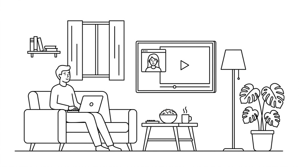 Black-and-white line illustration: a minimal Notion-style scene representing rabb.it alternatives: the best ways to watch movies together online.