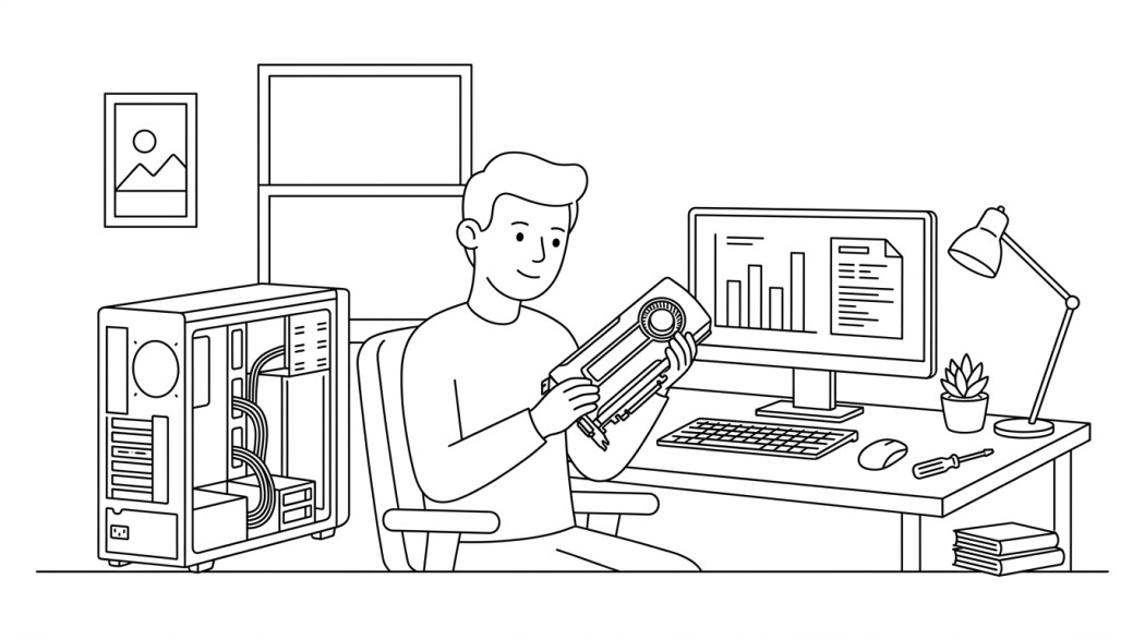 Black-and-white line illustration: a minimal Notion-style scene representing amd radeon hd 7970: full specs, retrospective, and what it means if you still have one.