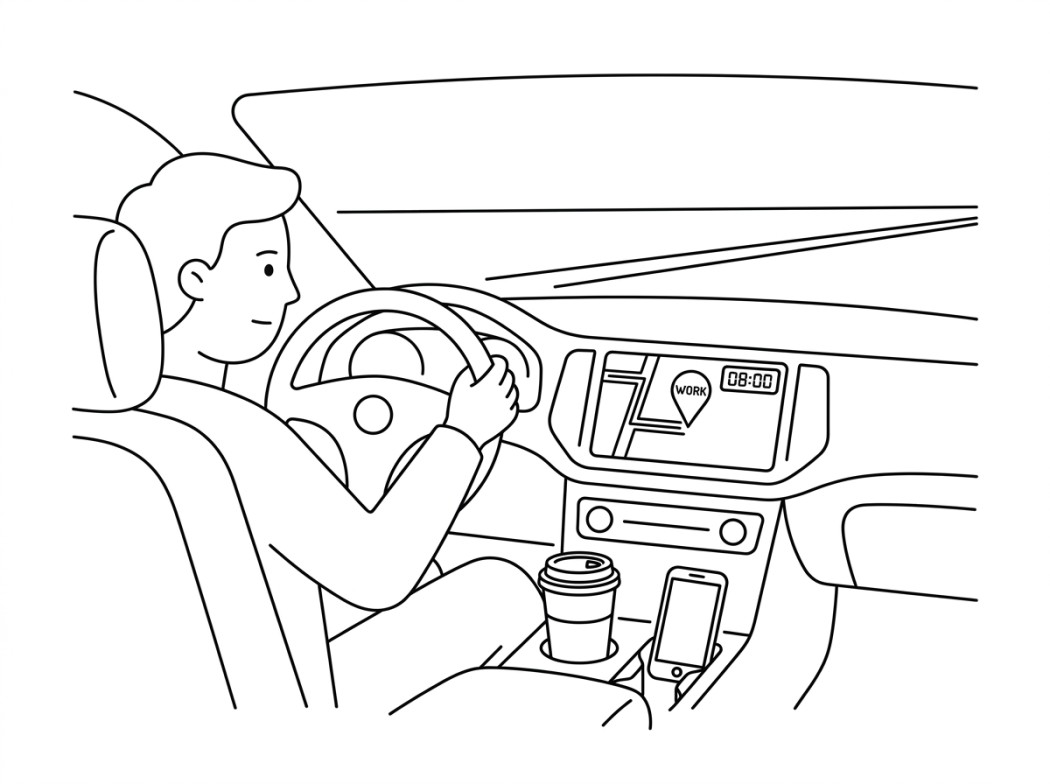 Black and white line illustration representing navigation that knows your routine.