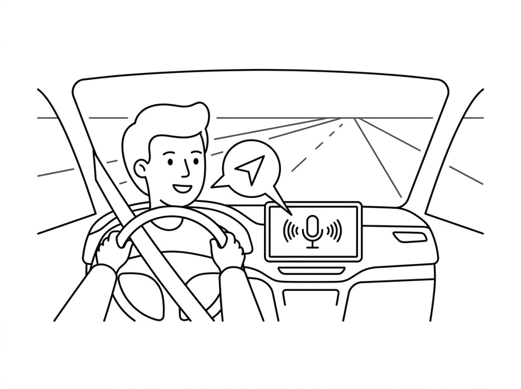 Black and white line illustration representing voice control fast enough to trust at speed.