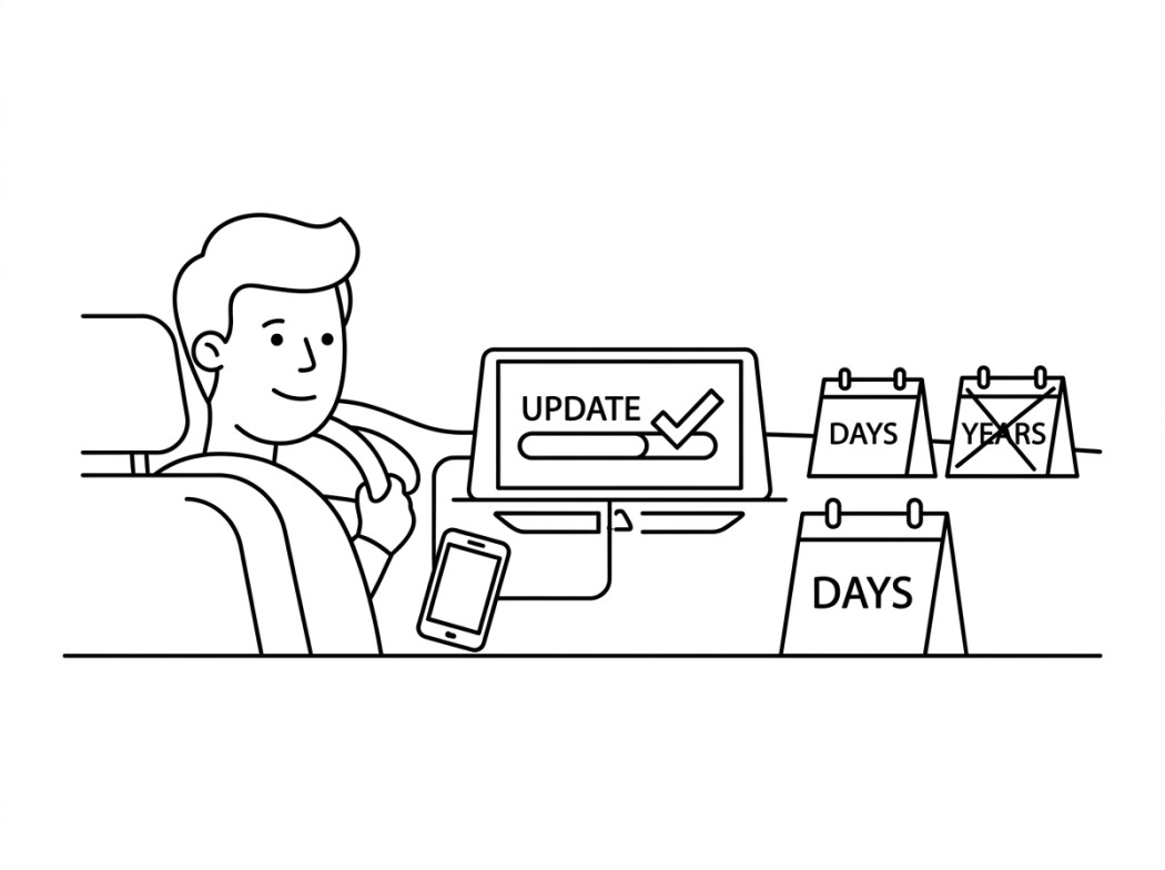 Black and white line illustration representing app updates in days, not model years.