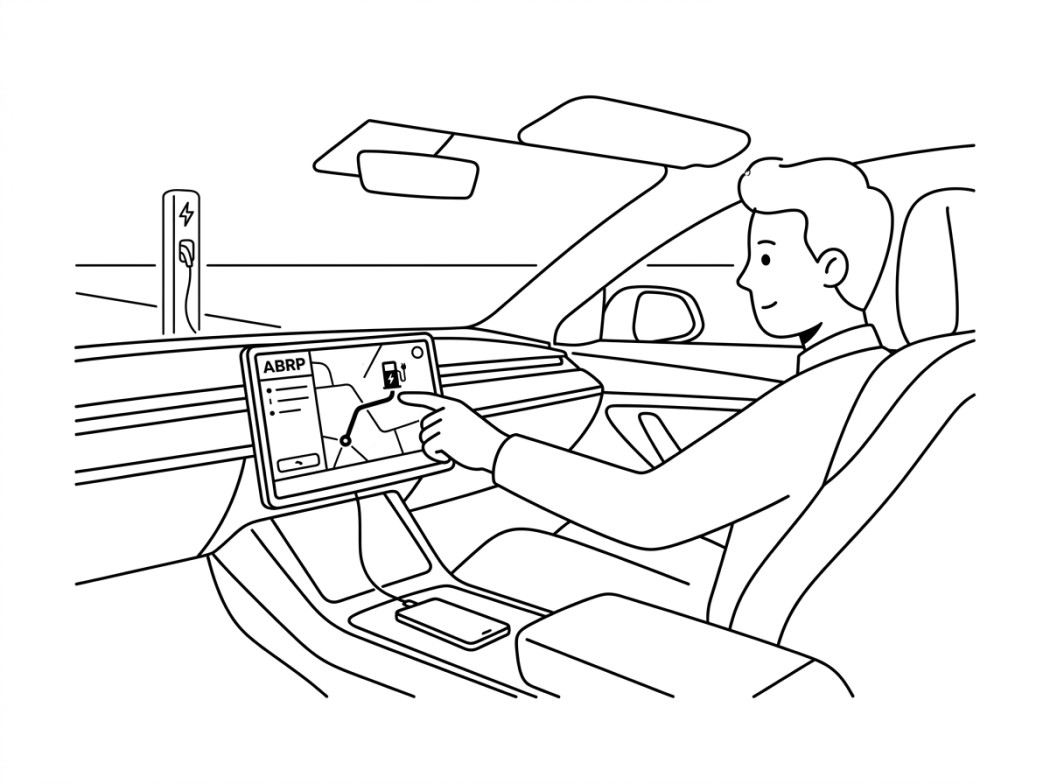 Black and white line illustration representing ev routing and abrp integration.