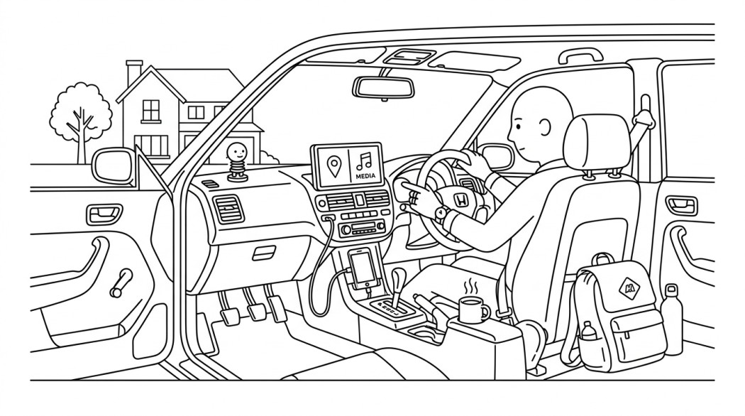 Black-and-white line illustration of a car dashboard running Android Auto, with a phone projecting maps and media onto the head-unit screen.