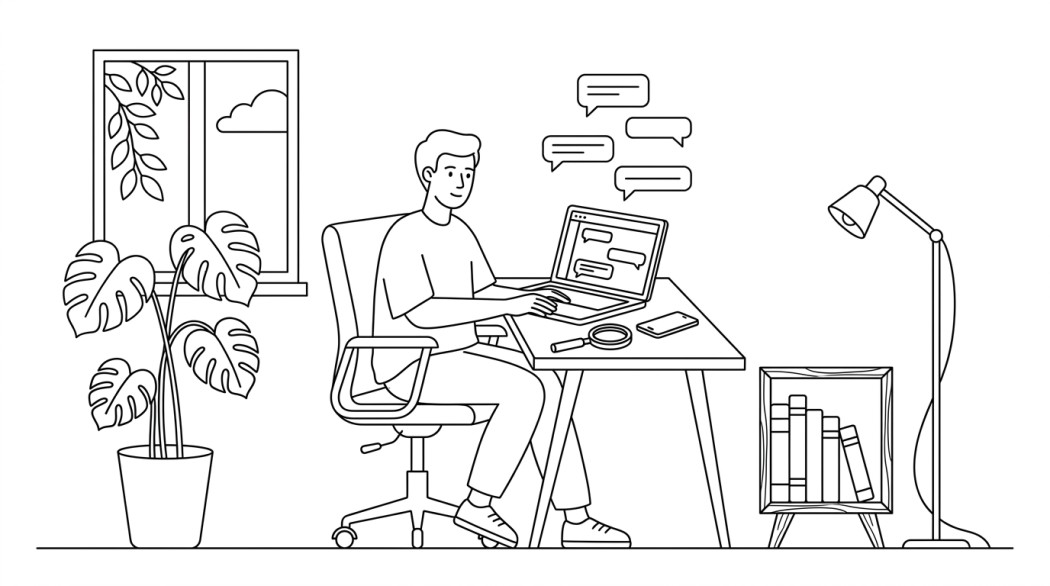 Black-and-white line illustration: a minimal Notion-style scene representing how to recover deleted facebook messenger messages (legitimate paths only).