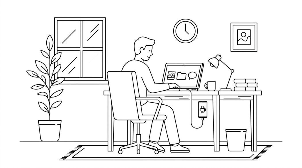 Line drawing of a person at a desk with a phone connected by cable to a laptop