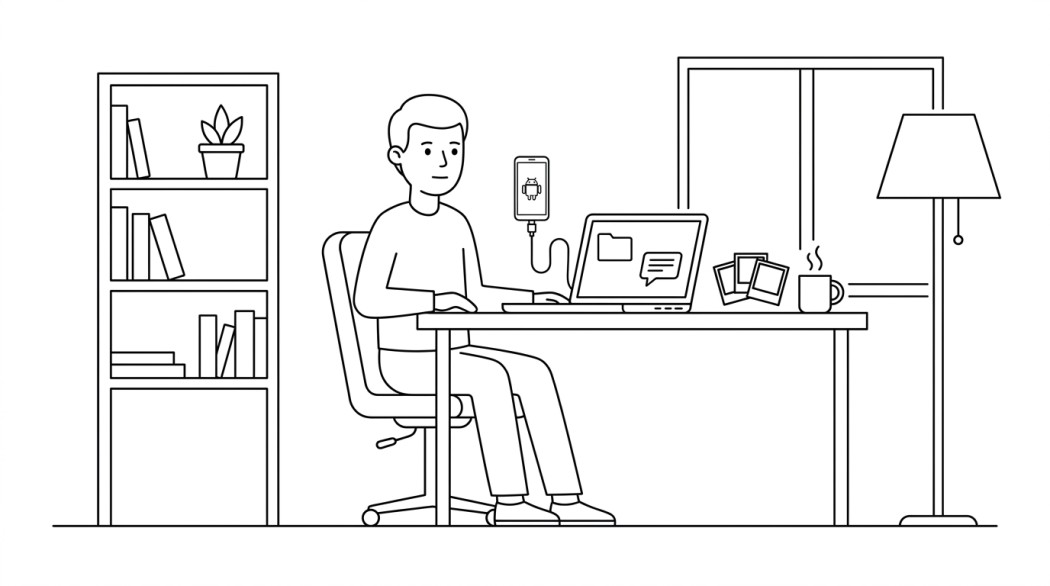 Black-and-white line illustration: a minimal Notion-style scene representing how to recover lost data on android (photos, files, messages).