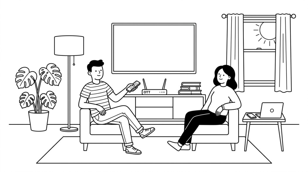 Black-and-white line illustration: a minimal Notion-style scene representing 10 legit streaming alternatives to iptv services.