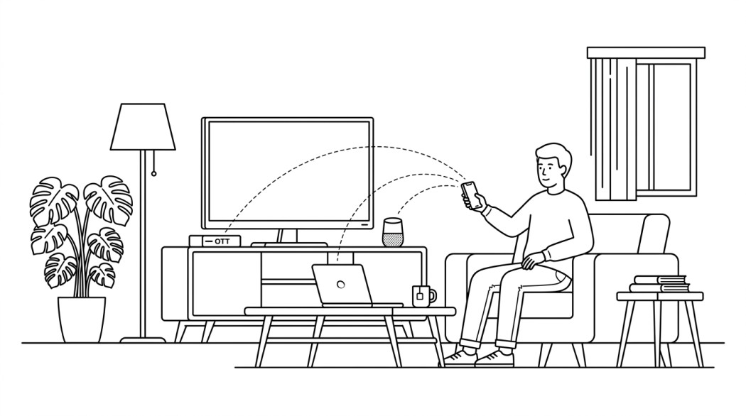 Black-and-white line illustration: a minimal Notion-style scene representing best remote control apps for android (tv, smart home, pc, and universal ir).
